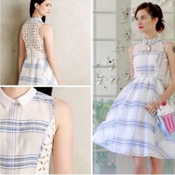 Anthropologie Moulinette Soeurs 6 Seaplane Dress Blue White Windowpane - Picture 16 of 16